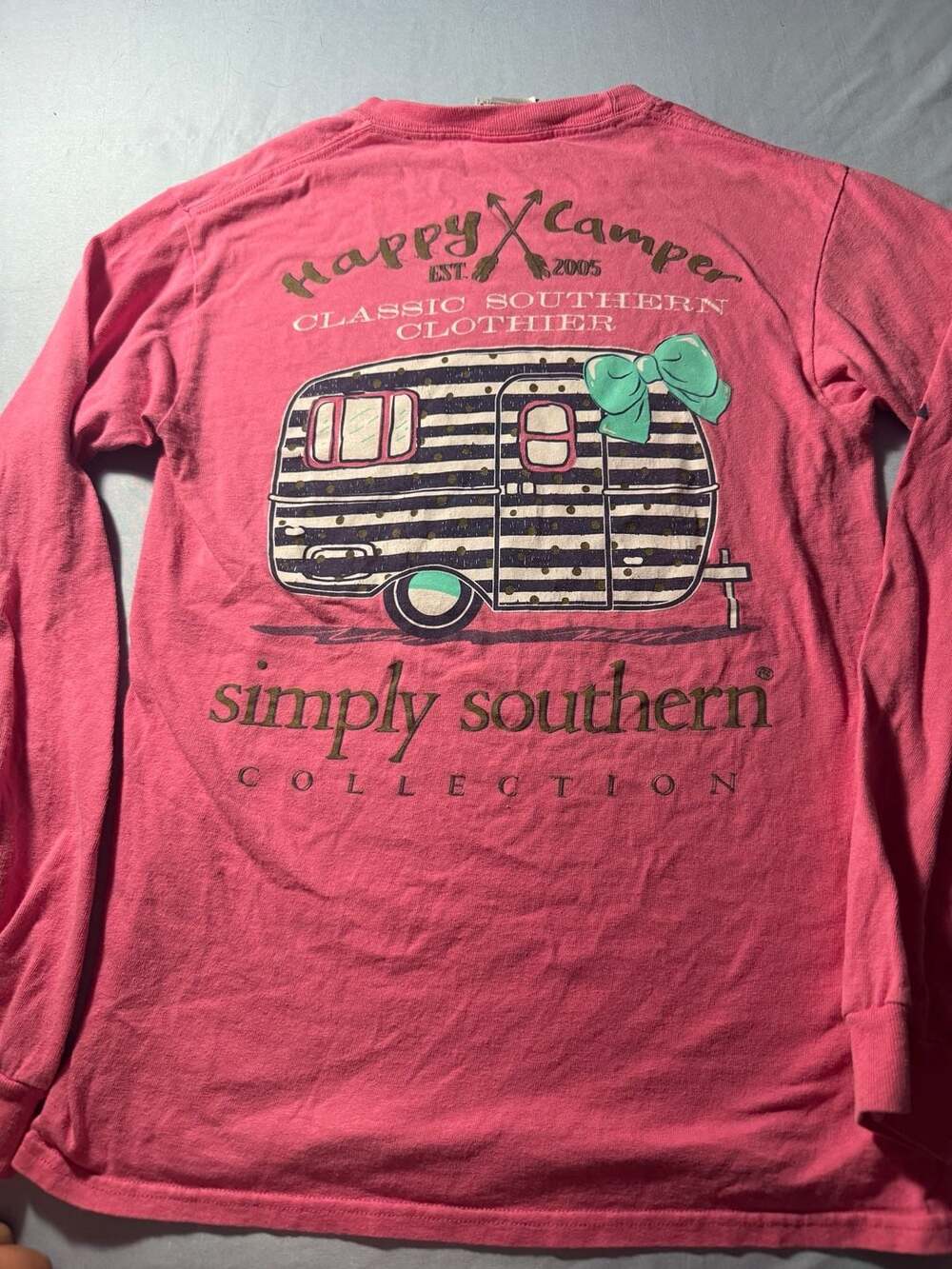 Simply Southern Happy Camper Long Sleeve Pink Tee Small